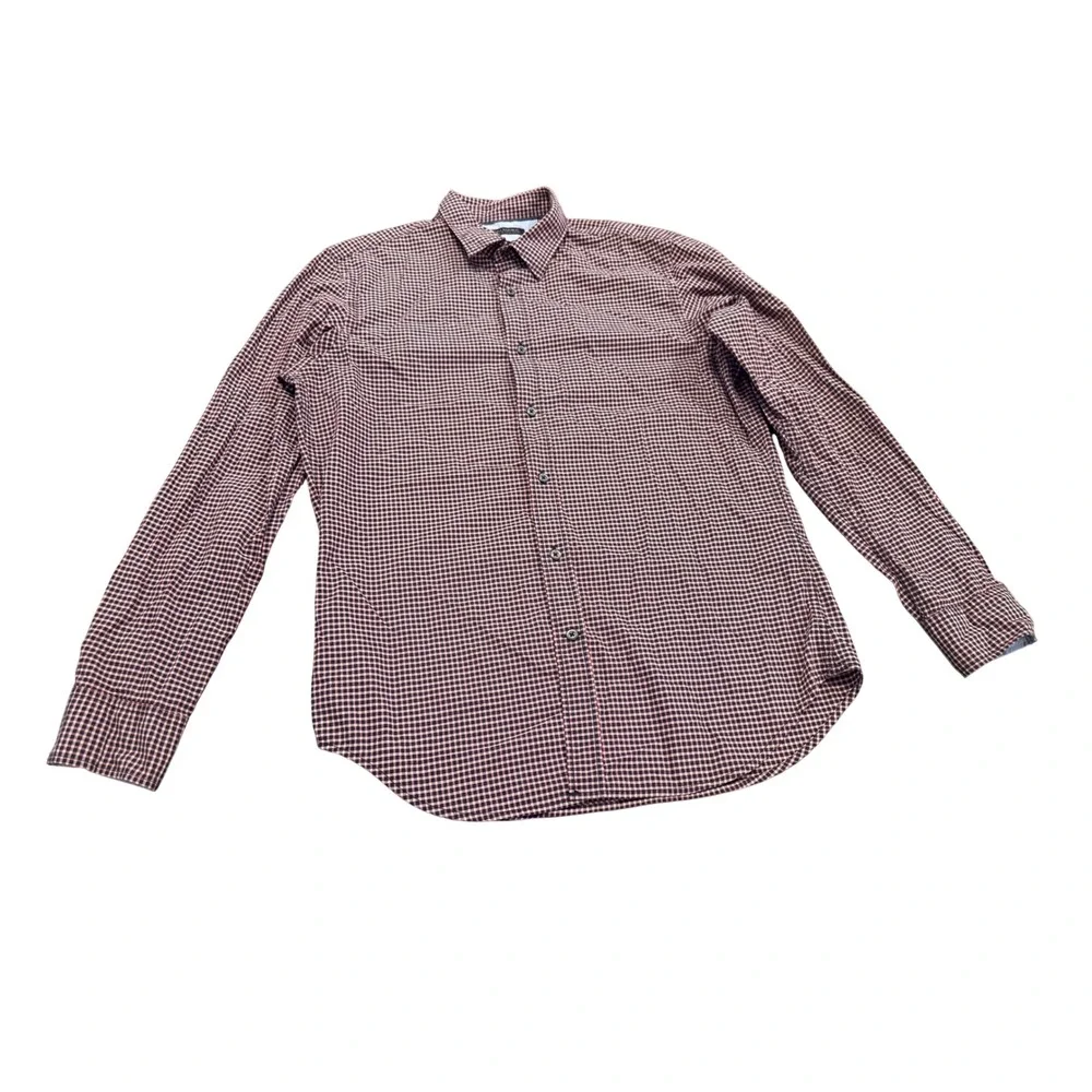 Banana Republic Custom 078 Wash Shirt Mens Medium Slim Fit Gingham Navy Burgundy